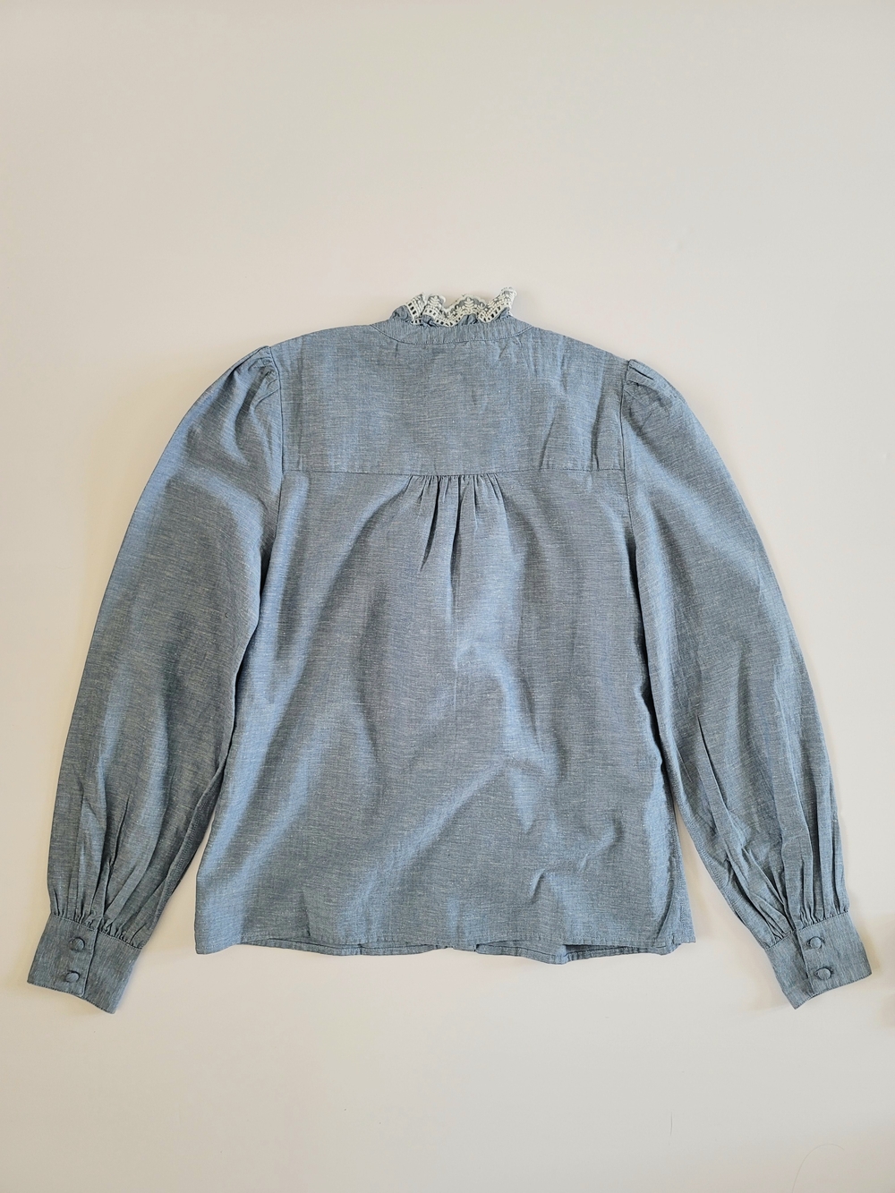 Sezane Chlo Shirt in Chambray Blue, Size 2, Embroidery Trim, French Romantic - Picture 10 of 11